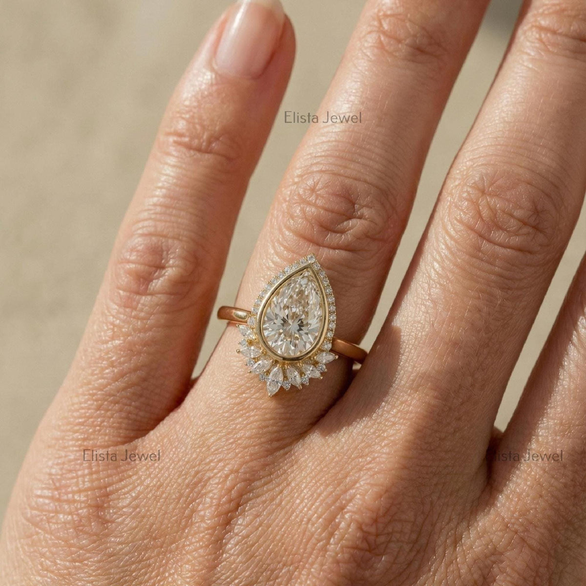 Pear Lab-Grown Diamond Halo Ring, Yellow Gold Art Deco Engagement Ring