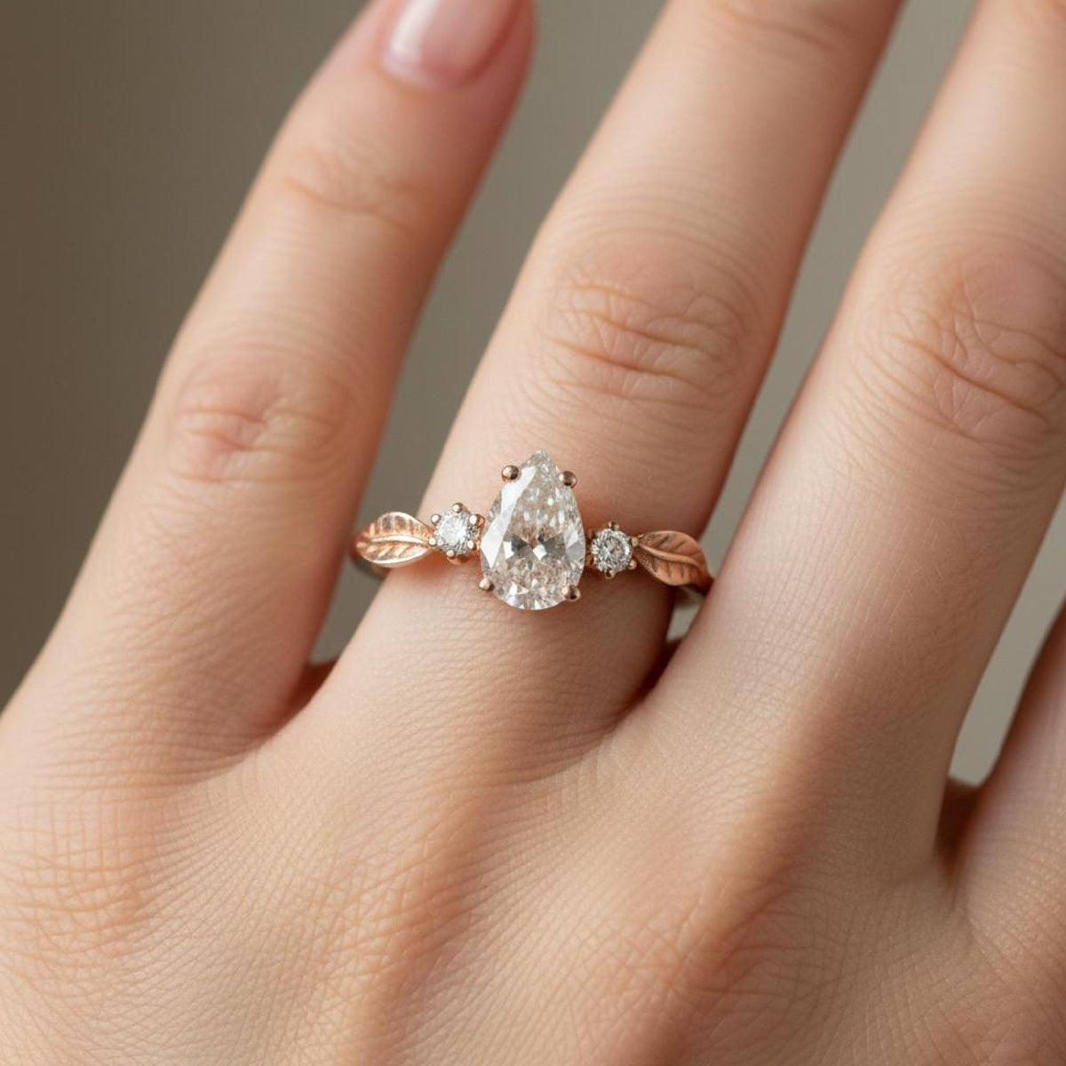 Pear Engagement Ring, Lab-Grown Diamond Rose Gold Leaf Three Stone