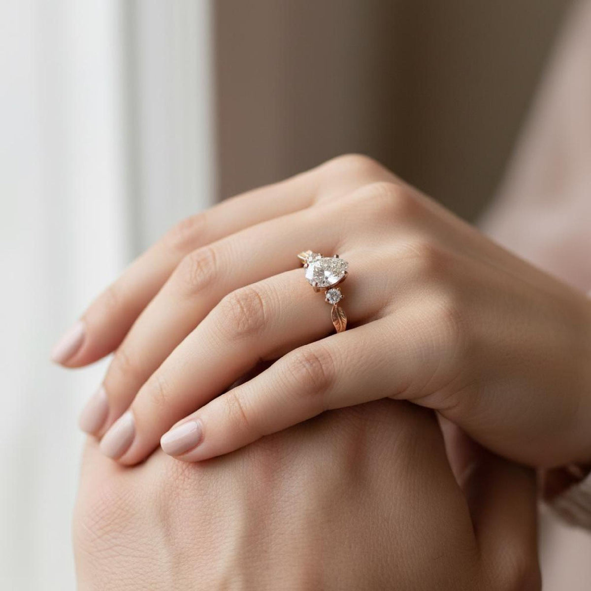 Pear Engagement Ring, Lab-Grown Diamond Rose Gold Leaf Three Stone