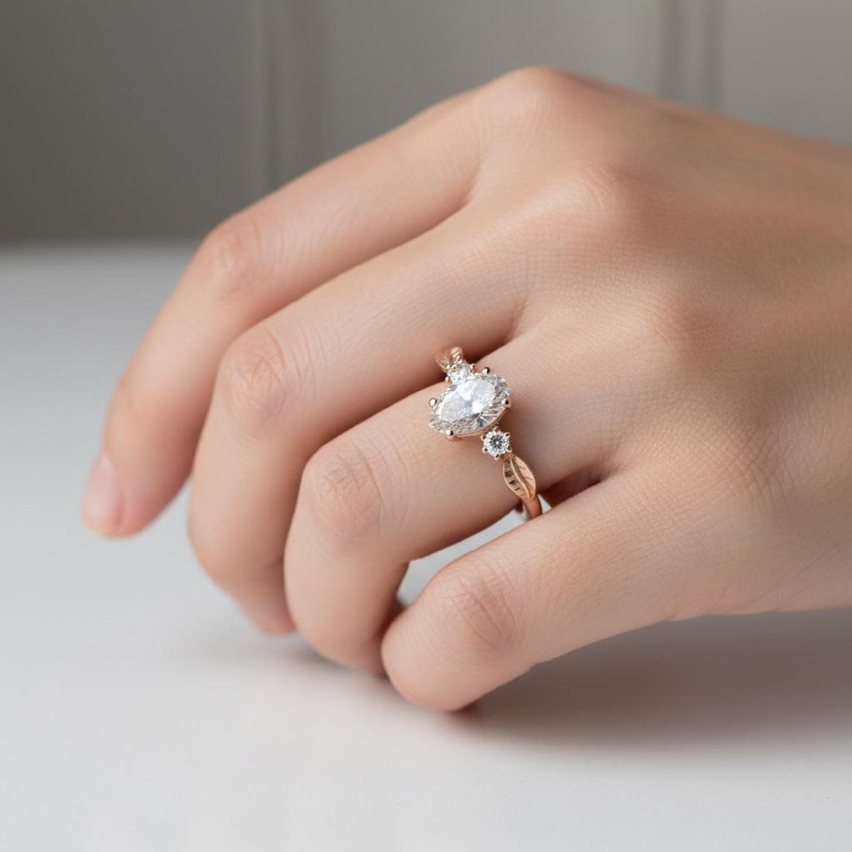 Pear Engagement Ring, Lab-Grown Diamond Rose Gold Leaf Three Stone