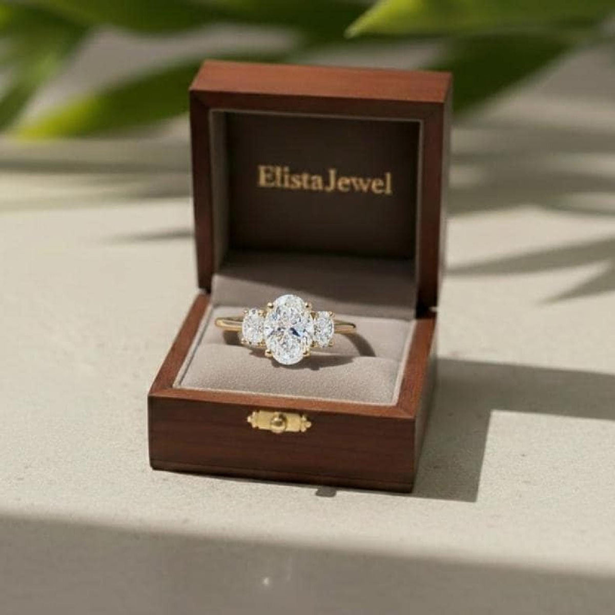Oval Lab-Grown Diamond Three-Stone Engagement Ring, 14K Yellow Gold Trilogy Wedding Band