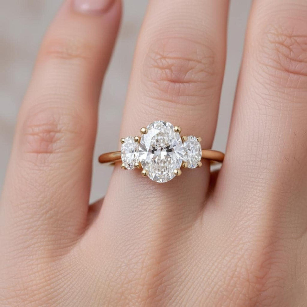 Oval Lab-Grown Diamond Three-Stone Engagement Ring, 14K Yellow Gold Trilogy Wedding Band