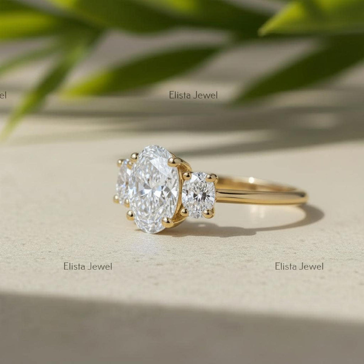 Oval Lab-Grown Diamond Three-Stone Engagement Ring, 14K Yellow Gold Trilogy Wedding Band