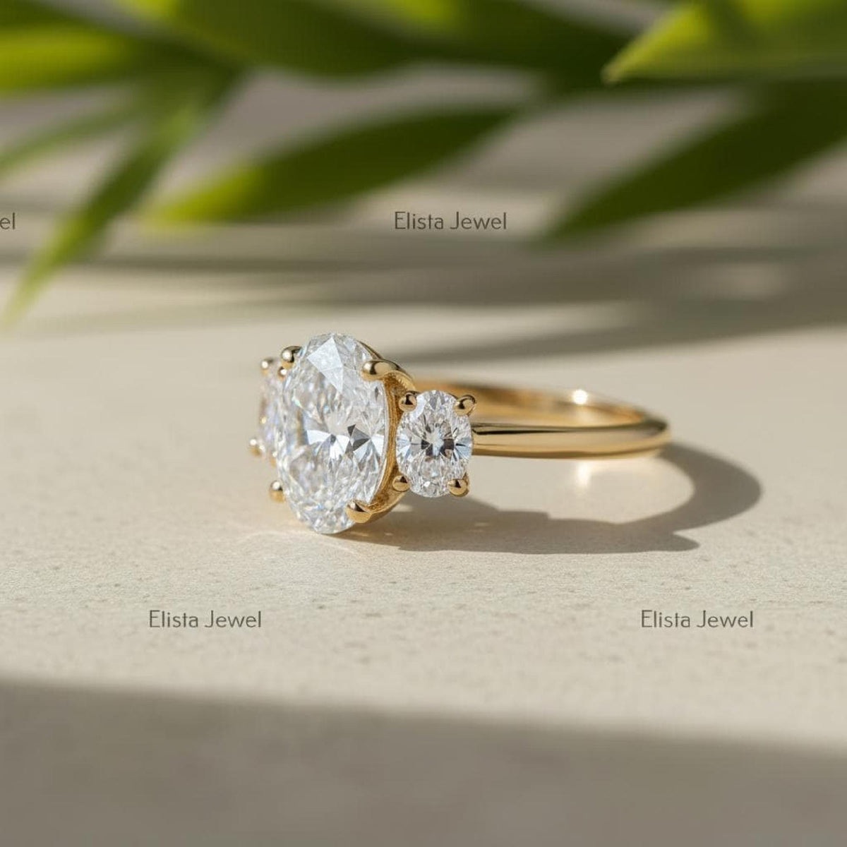 Oval Lab-Grown Diamond Three-Stone Engagement Ring, 14K Yellow Gold Trilogy Wedding Band