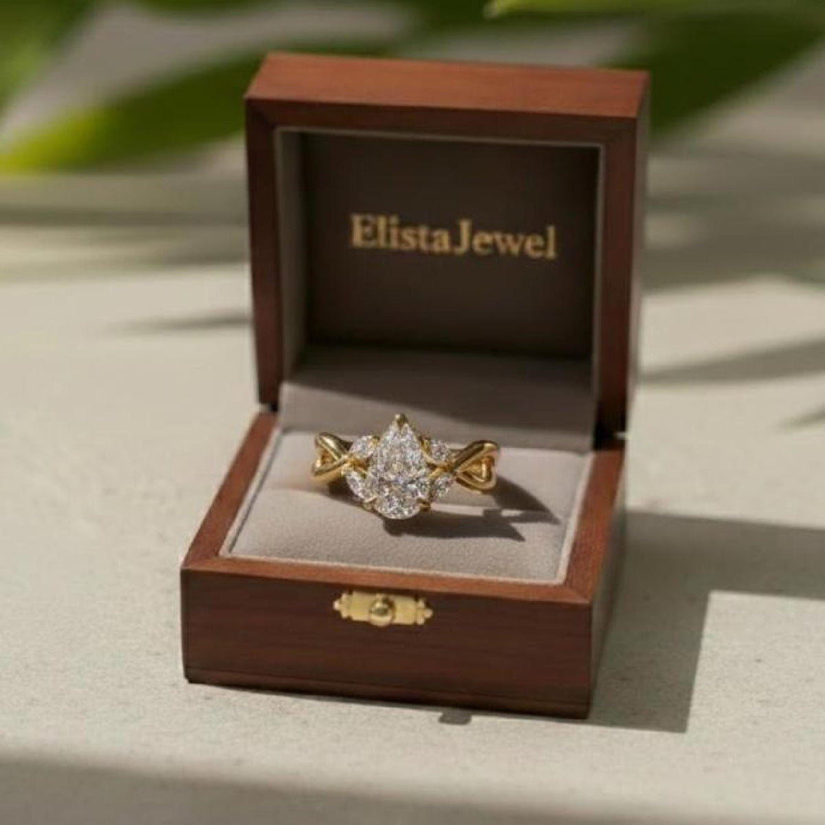 Pear Lab-grown Diamond Engagement Ring Yellow Gold Split Shank Vine Marquise Side Stones