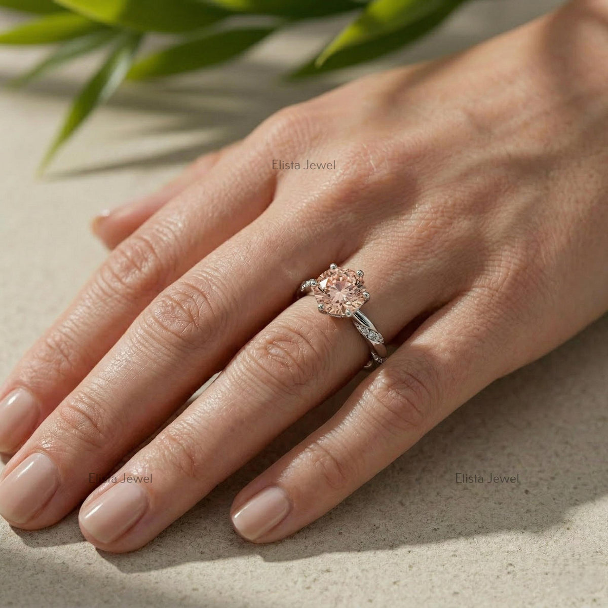 Fancy Peach Round Lab Grown Diamond Solitaire Engagement Ring, 14k White Gold Vine Band IGI Certified