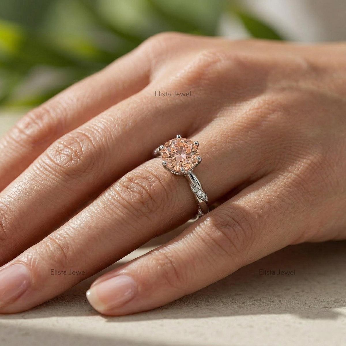 Fancy Peach Round Lab Grown Diamond Solitaire Engagement Ring, 14k White Gold Vine Band IGI Certified