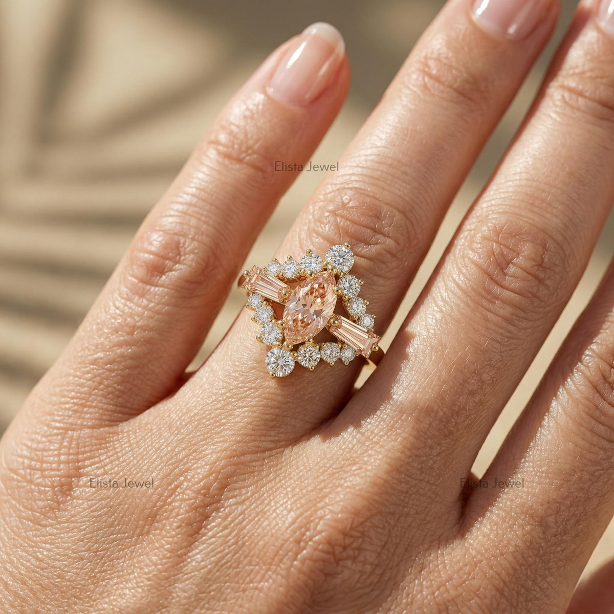 Marquise Peach Diamond Halo Engagement Ring, 18K Yellow Gold, Vintage Sparkle