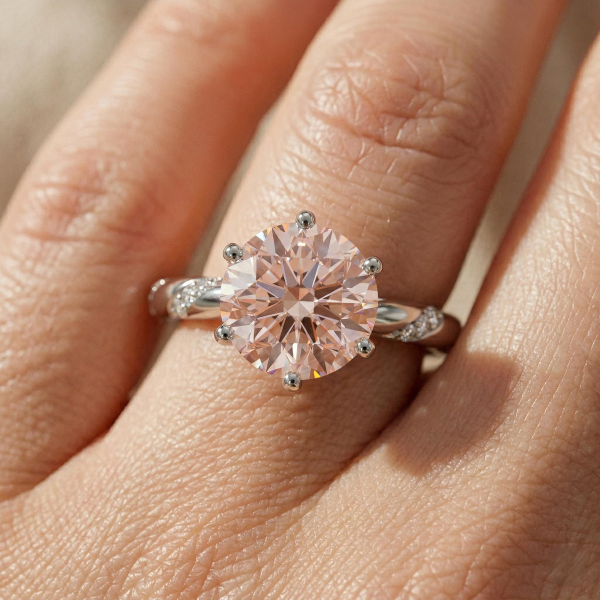 Fancy Peach Round Lab Grown Diamond Solitaire Engagement Ring, 14k White Gold Vine Band IGI Certified