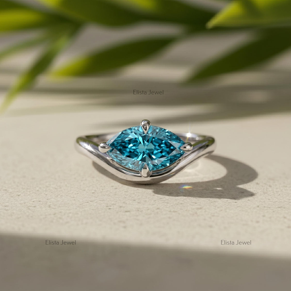 Fancy Vivid Blue Marquise Lab Grown Diamond Bypass Solitaire Ring in 14K White Gold, Modern Minimalist