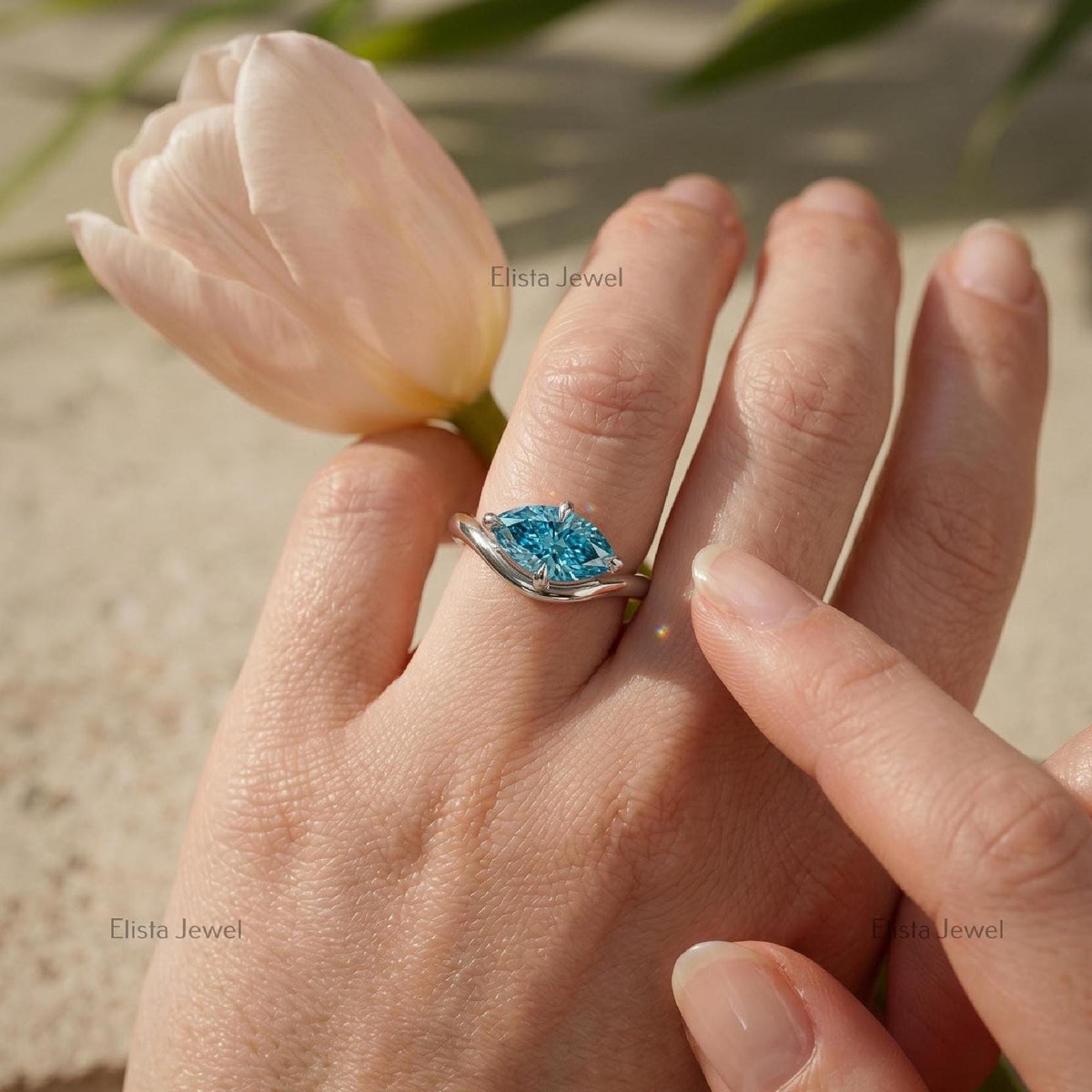 Fancy Vivid Blue Marquise Lab Grown Diamond Bypass Solitaire Ring in 14K White Gold, Modern Minimalist