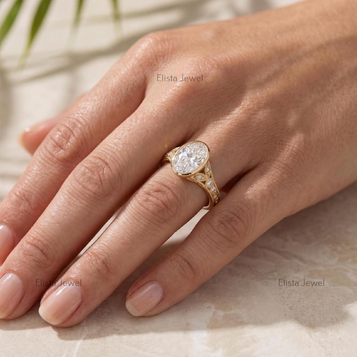 Oval Lab Grown Diamond Bezel Engagement Ring, 14K Yellow Gold Filigree Milgrain Band, IGI Certified Diamond