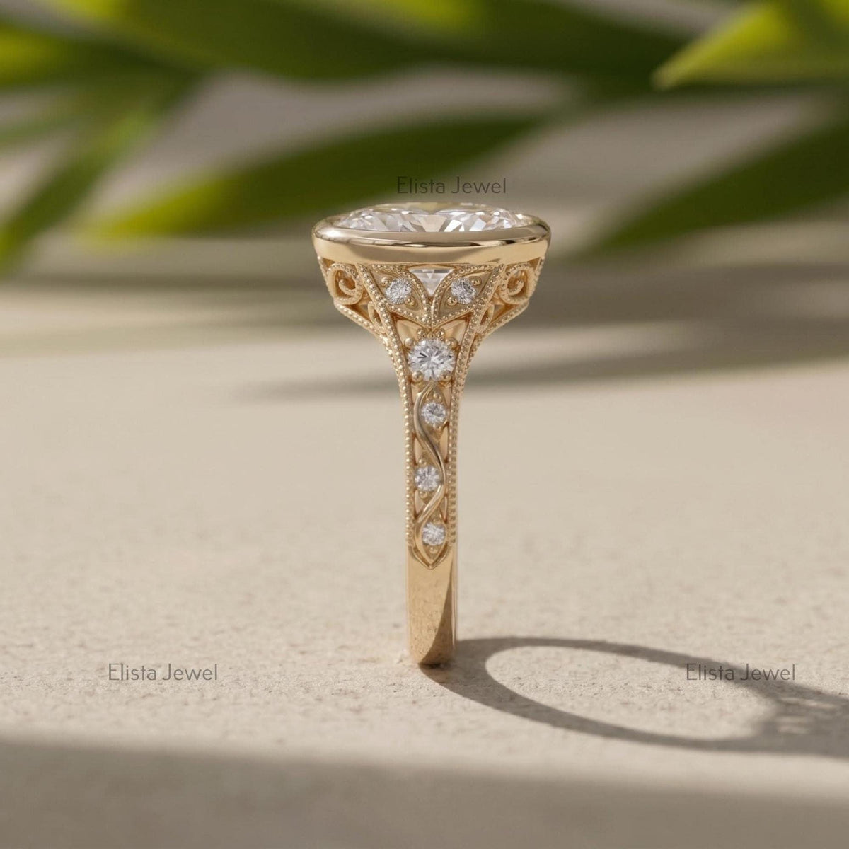 Oval Lab Grown Diamond Bezel Engagement Ring, 14K Yellow Gold Filigree Milgrain Band, IGI Certified Diamond