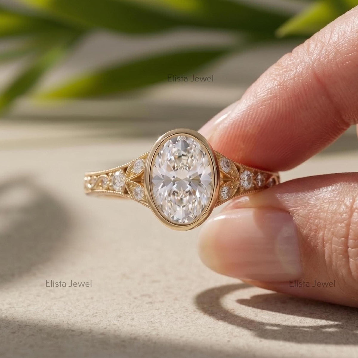 Oval Lab Grown Diamond Bezel Engagement Ring, 14K Yellow Gold Filigree Milgrain Band, IGI Certified Diamond
