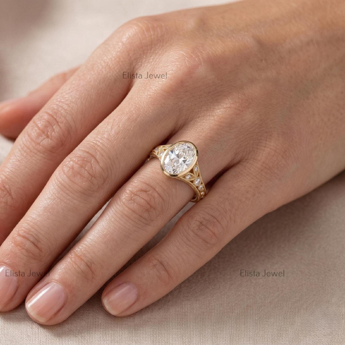 Oval Lab Grown Diamond Bezel Engagement Ring, 14K Yellow Gold Filigree Milgrain Band, IGI Certified Diamond
