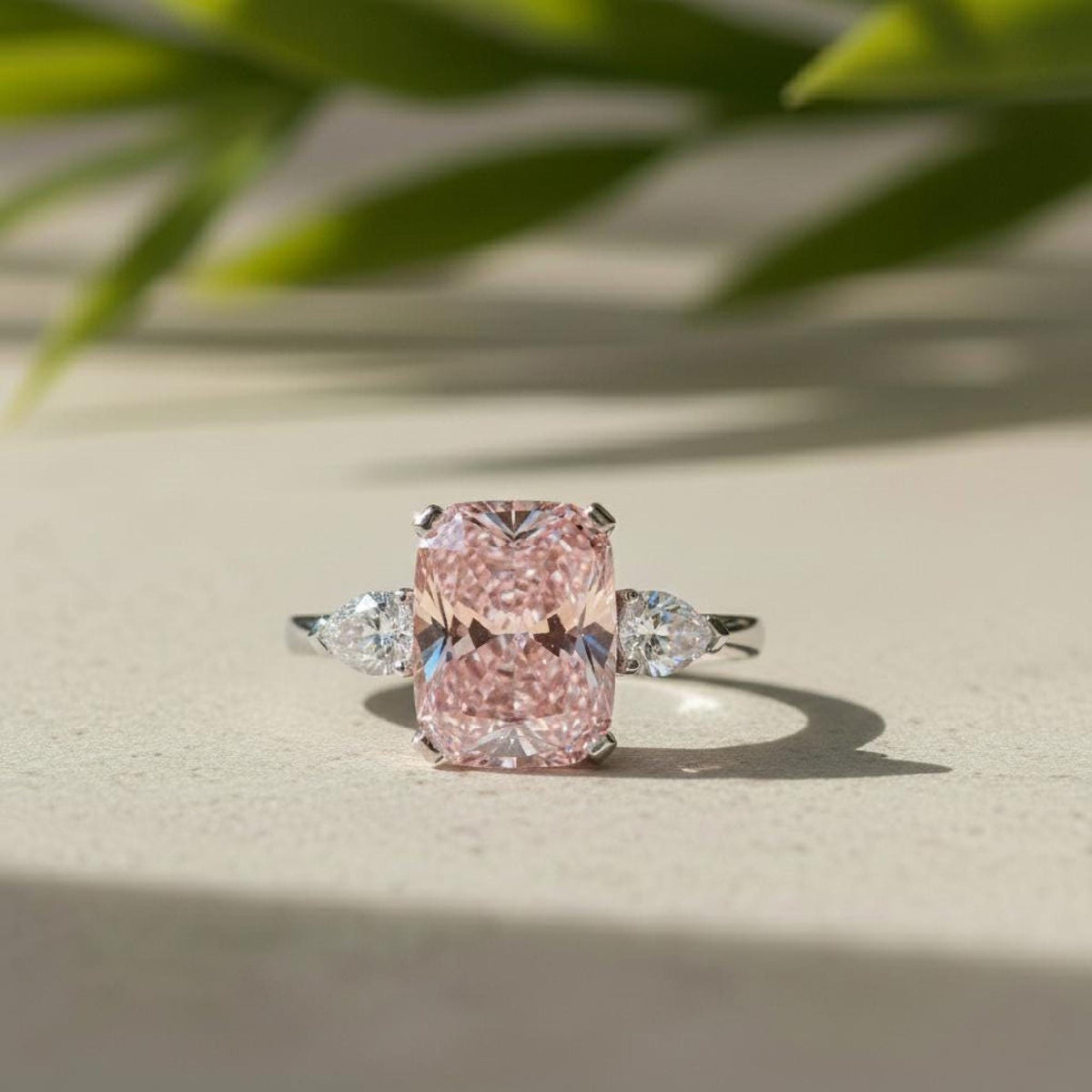 Radiant Lab-Grown Pink Diamond Three Stone Platinum Ring