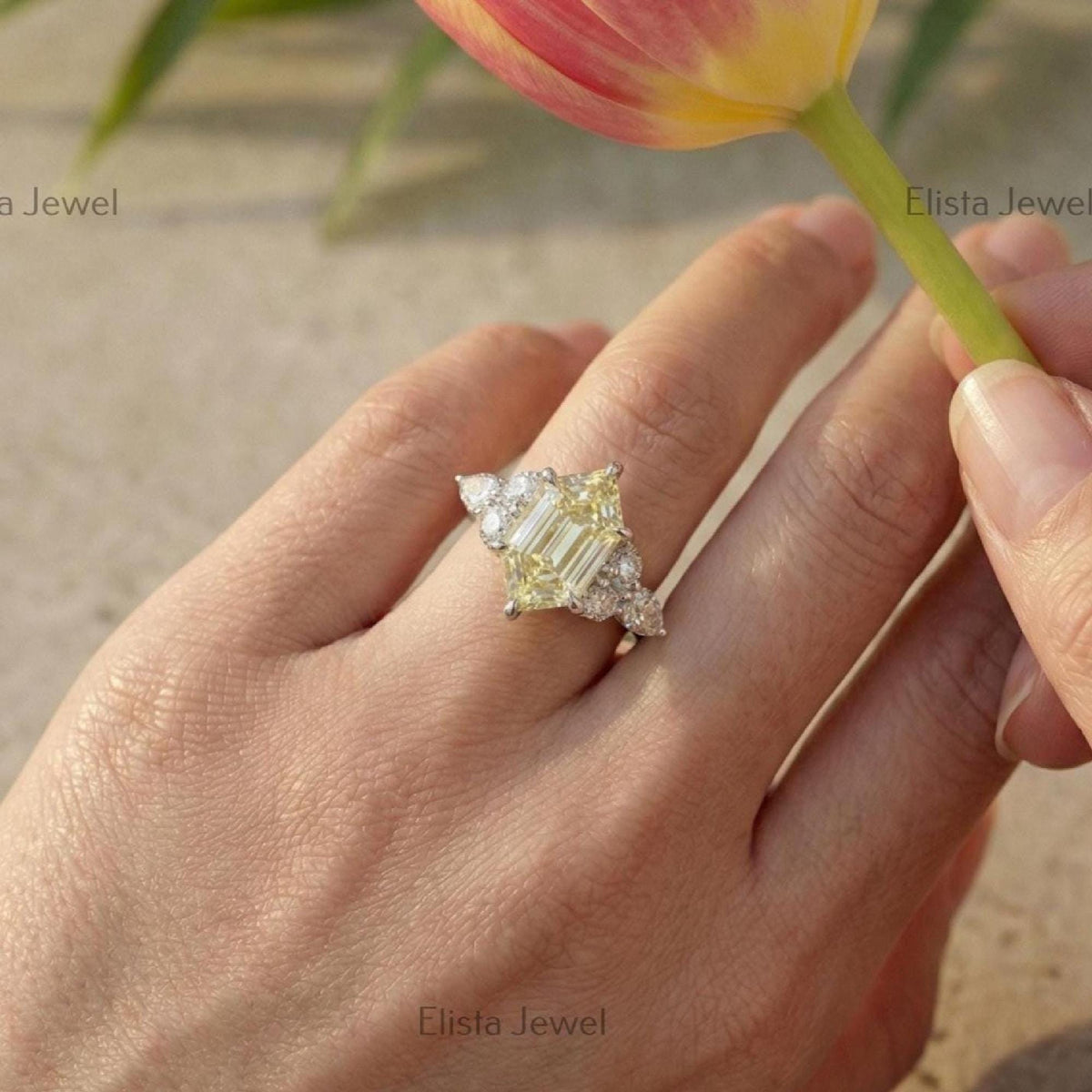 Hexagon Step Cut Yellow Diamond Three Stone Ring, IGI Certified Engagement Ring