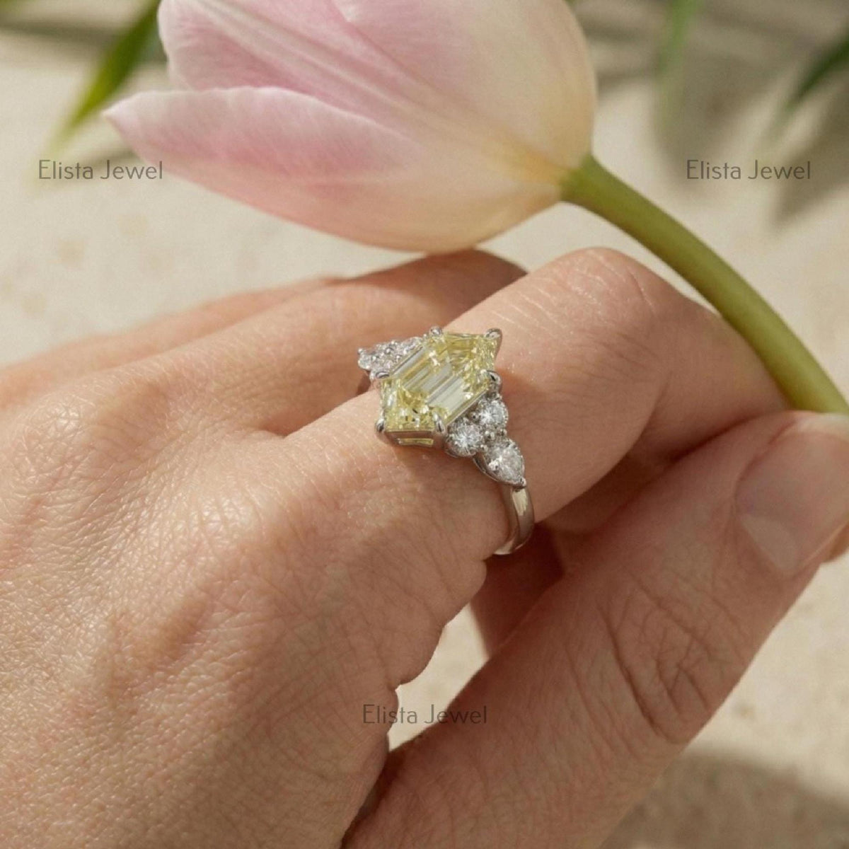 Hexagon Step Cut Yellow Diamond Three Stone Ring, IGI Certified Engagement Ring