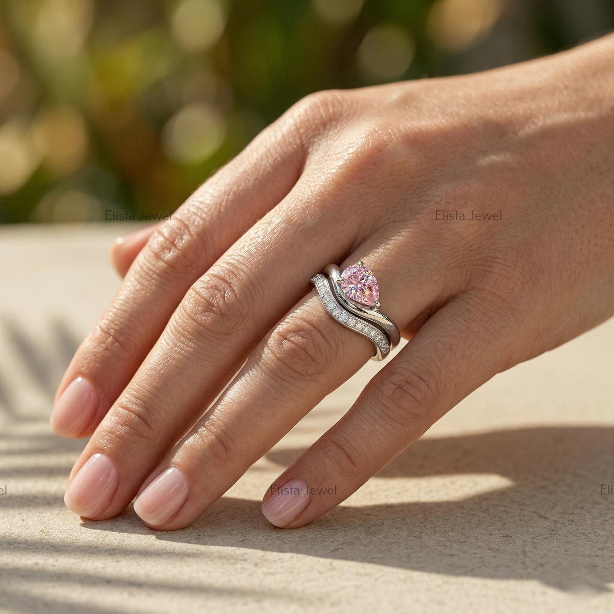 Pear Lab Grown Diamond Set, 14K White Gold Pave Band, IGI Certified Pink Ring