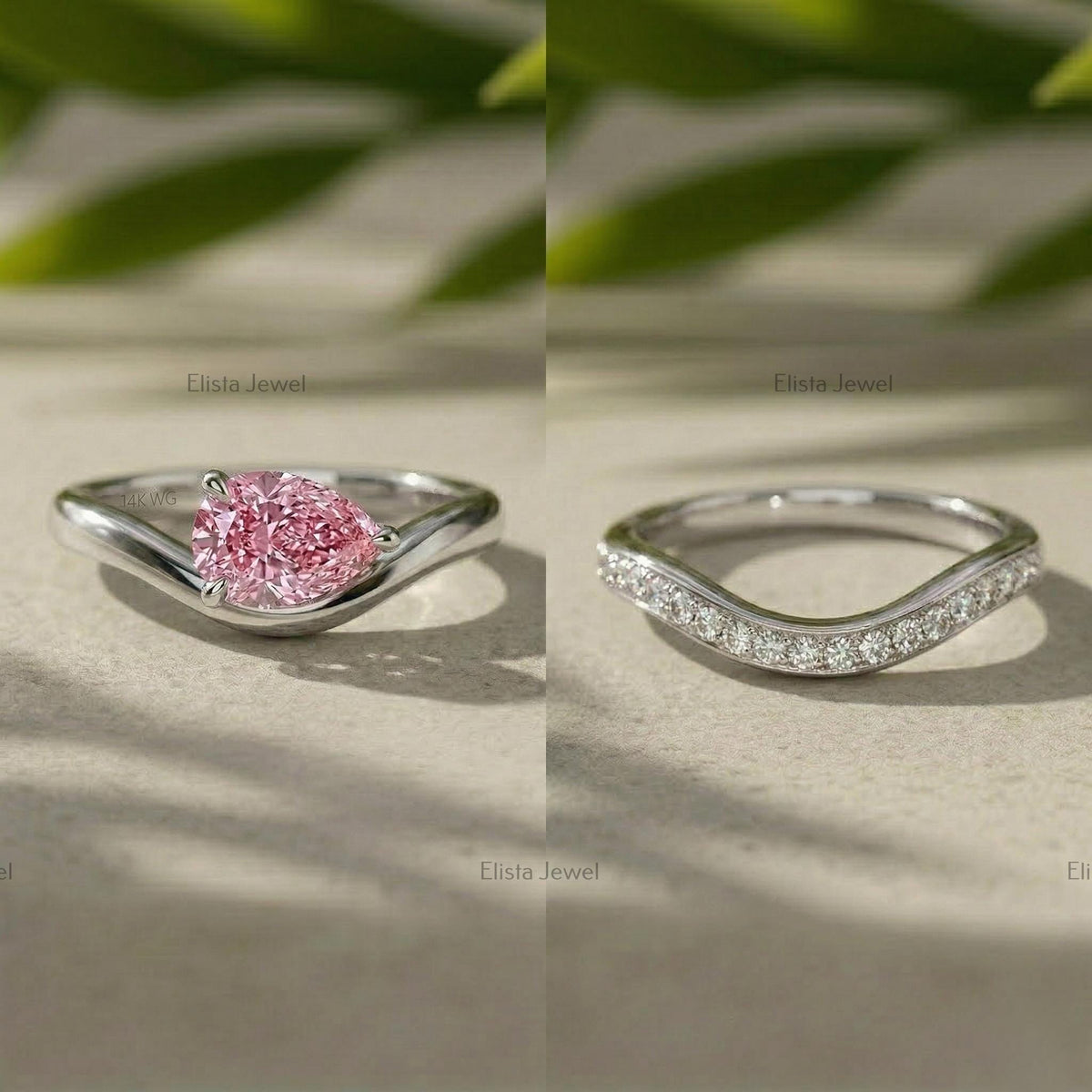 Pear Lab Grown Diamond Set, 14K White Gold Pave Band, IGI Certified Pink Ring
