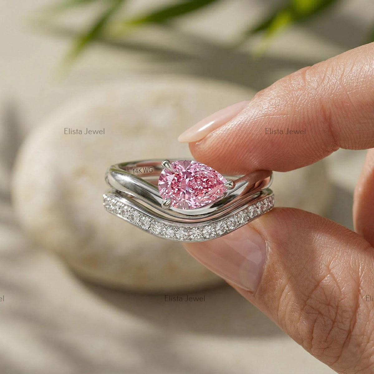 Pear Lab Grown Diamond Set, 14K White Gold Pave Band, IGI Certified Pink Ring