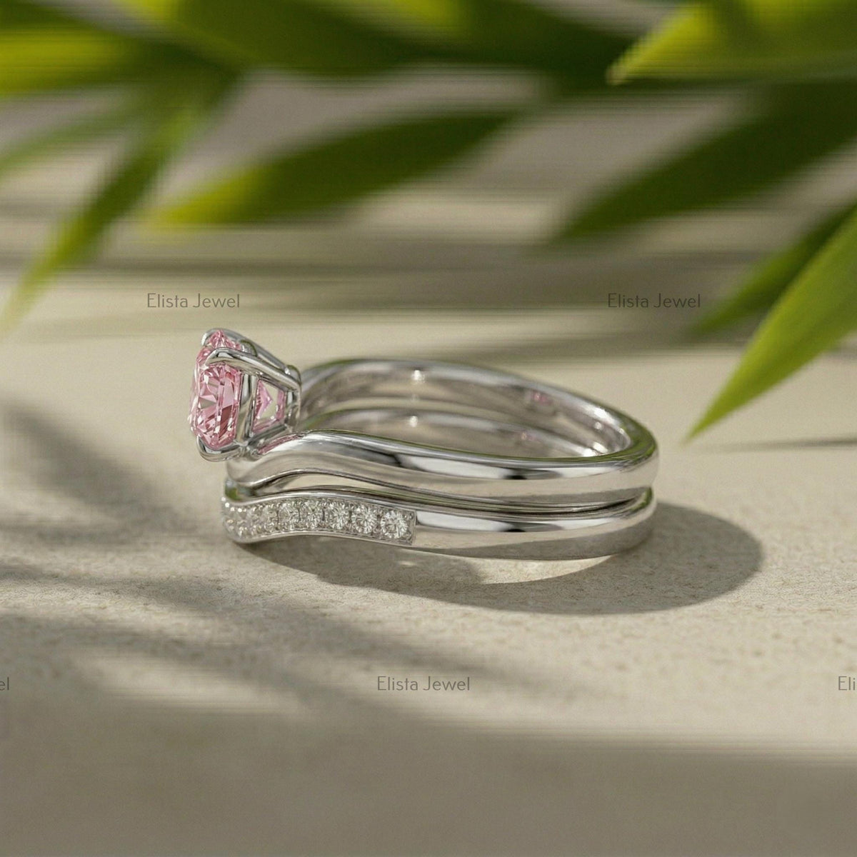 Pear Lab Grown Diamond Set, 14K White Gold Pave Band, IGI Certified Pink Ring
