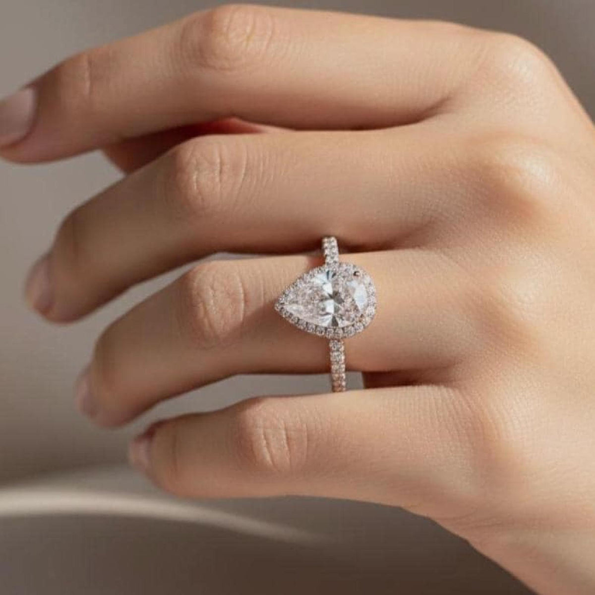 Pear Engagement Halo Ring Lab-Grown Diamond 14K Ros Gold Pavé Band