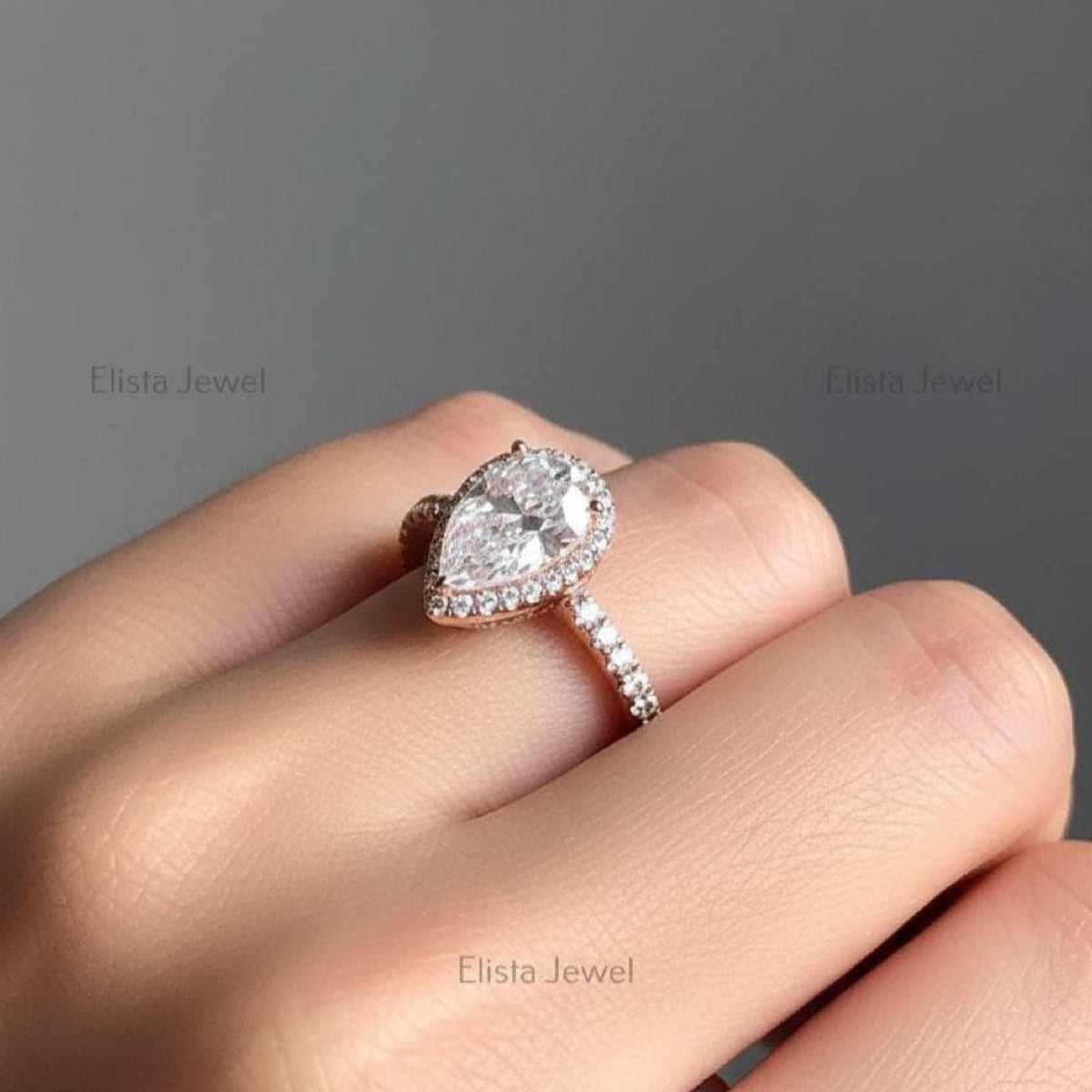 Pear Engagement Halo Ring Lab-Grown Diamond 14K Ros Gold Pavé Band
