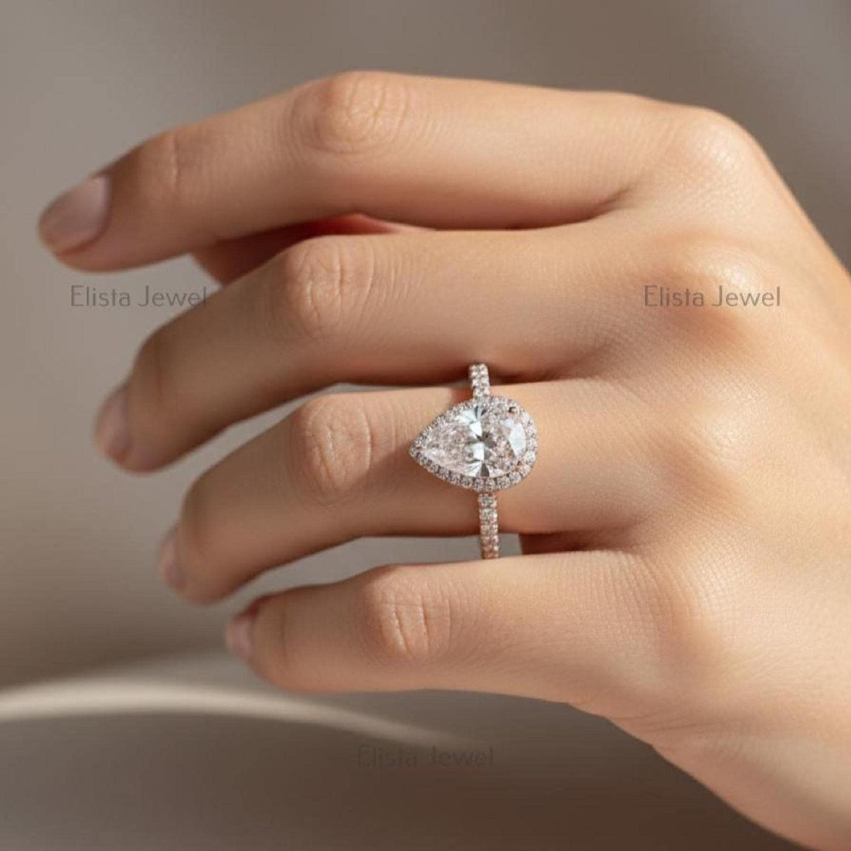 Pear Engagement Halo Ring Lab-Grown Diamond 14K Ros Gold Pavé Band