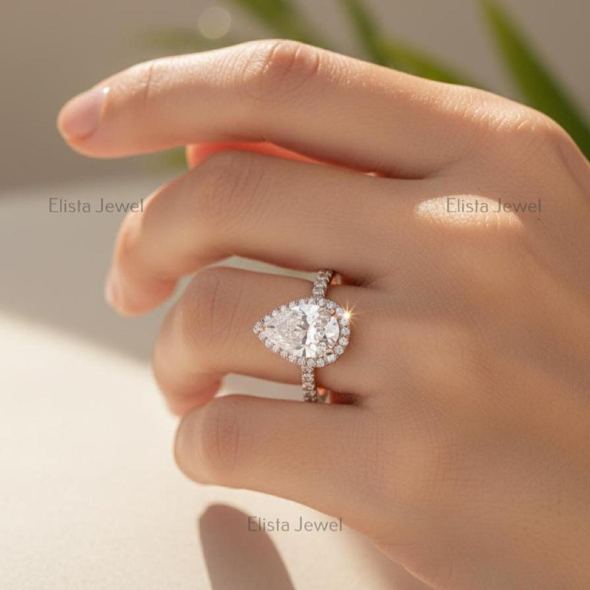 Pear Engagement Halo Ring Lab-Grown Diamond 14K Ros Gold Pavé Band