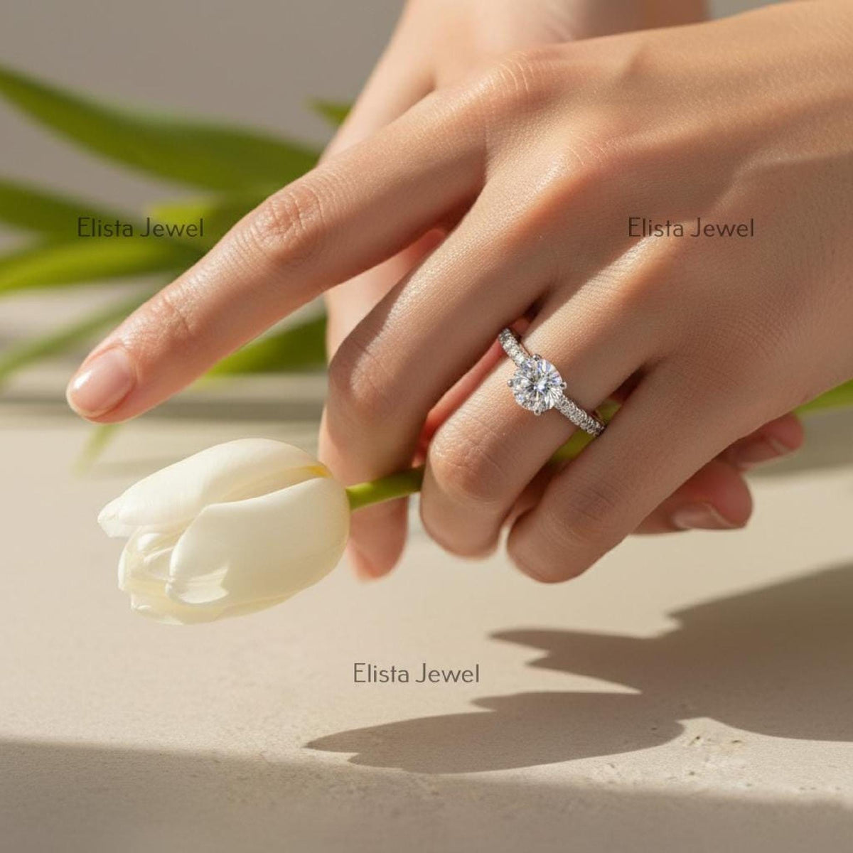 Round Lab-Grown Diamond Solitaire Engagement Ring In 14K Solid White Gold With pave setting