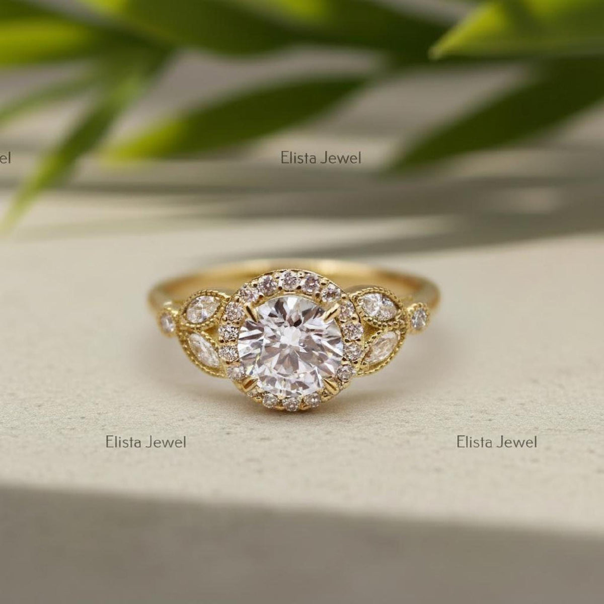 Round Diamond Halo Ring Lab-Grown Engagement 18k Yellow Gold Floral Marquise Accents
