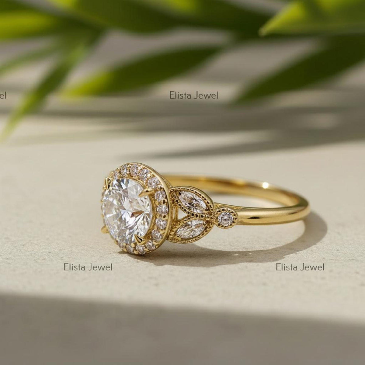 Round Diamond Halo Ring Lab-Grown Engagement 18k Yellow Gold Floral Marquise Accents