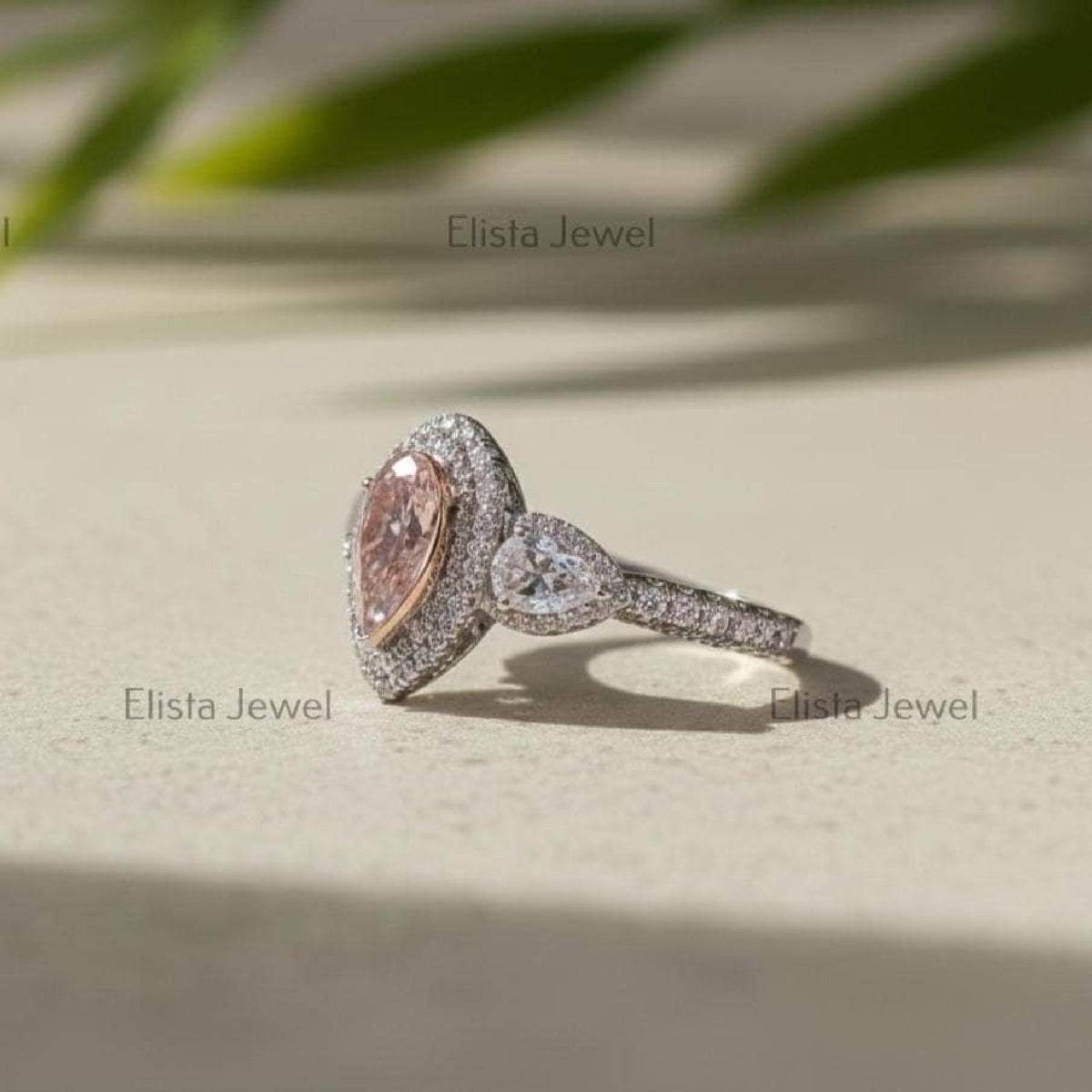 Pink Diamond Ring Fancy Pear Cut Lab-Grown Double Halo White Gold