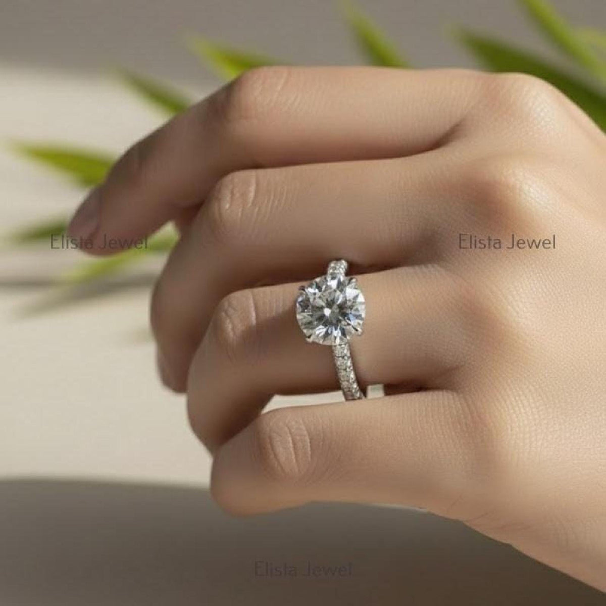 Solitaire Ring Round Diamond Lab-Grown Pave Band Engagement 10K Solid White Gold