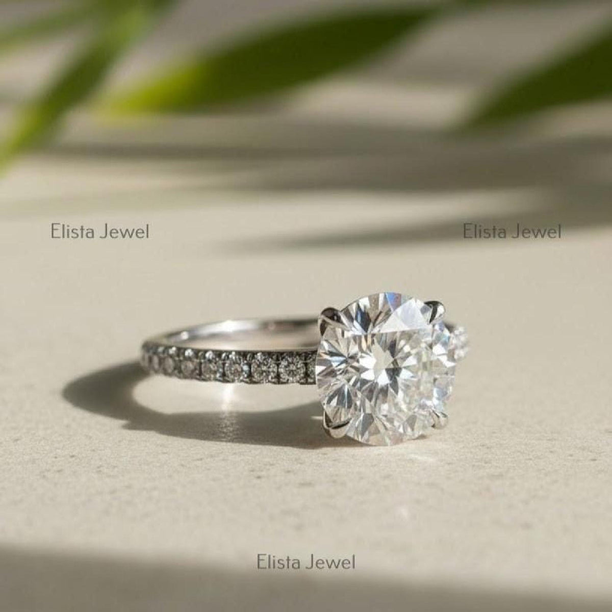 Solitaire Ring Round Diamond Lab-Grown Pave Band Engagement 10K Solid White Gold