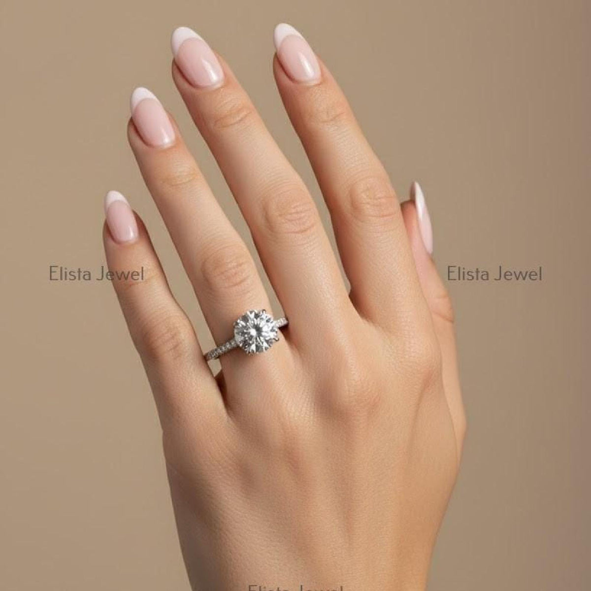 Solitaire Ring Round Diamond Lab-Grown Pave Band Engagement 10K Solid White Gold