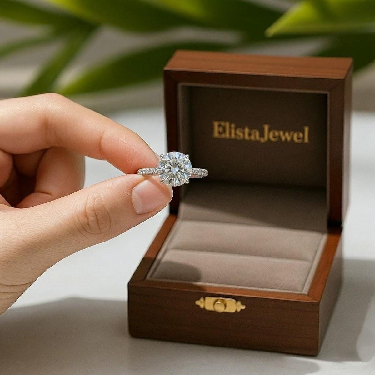 Solitaire Ring Round Diamond Lab-Grown Pave Band Engagement 10K Solid White Gold