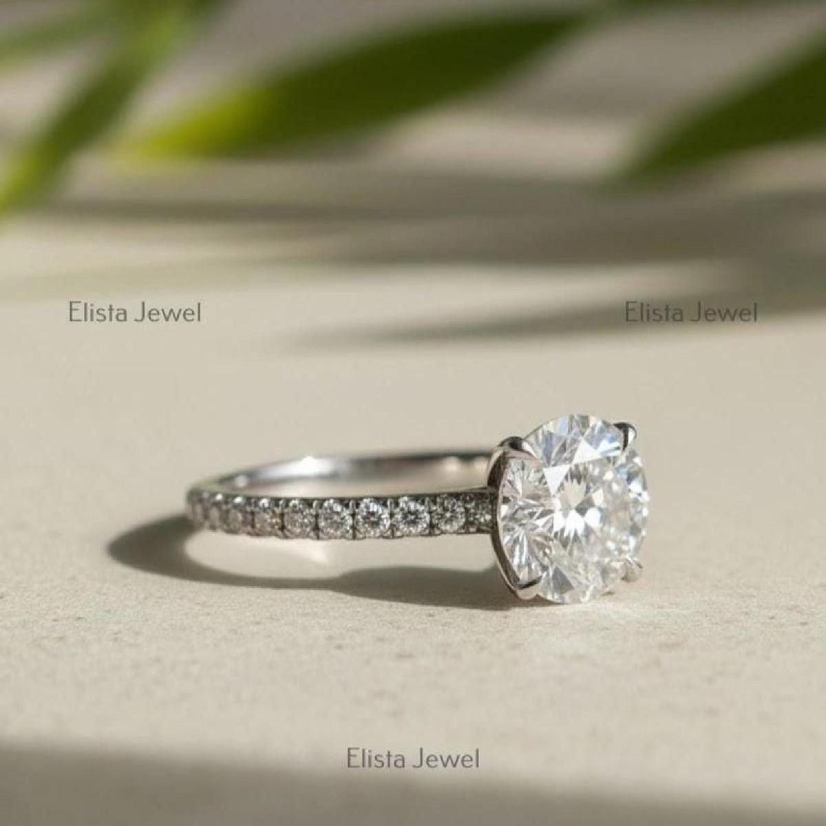 Solitaire Ring Round Diamond Lab-Grown Pave Band Engagement 10K Solid White Gold