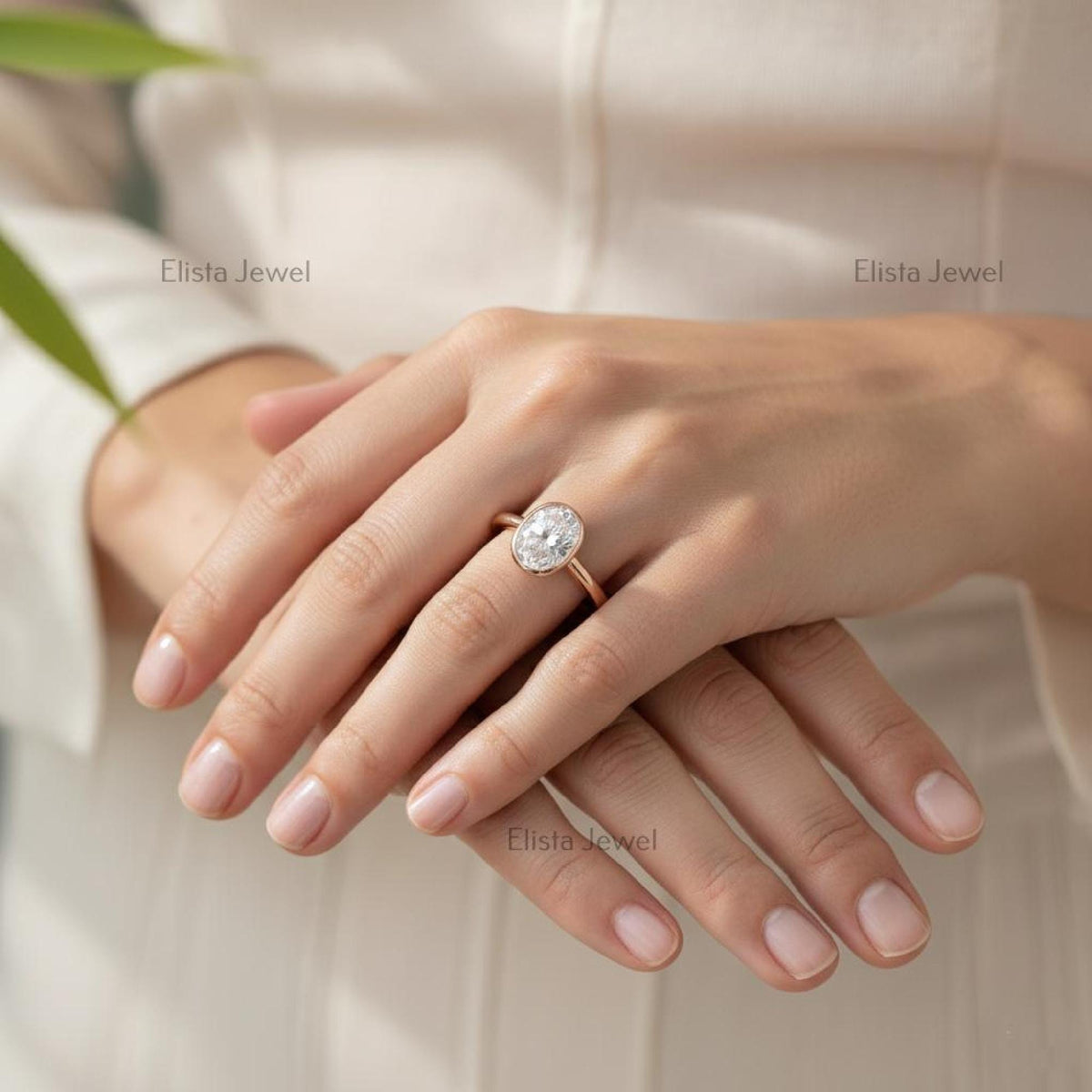 Oval Diamond Ring Lab-Grown 14K Rose Gold Bezel Solitaire