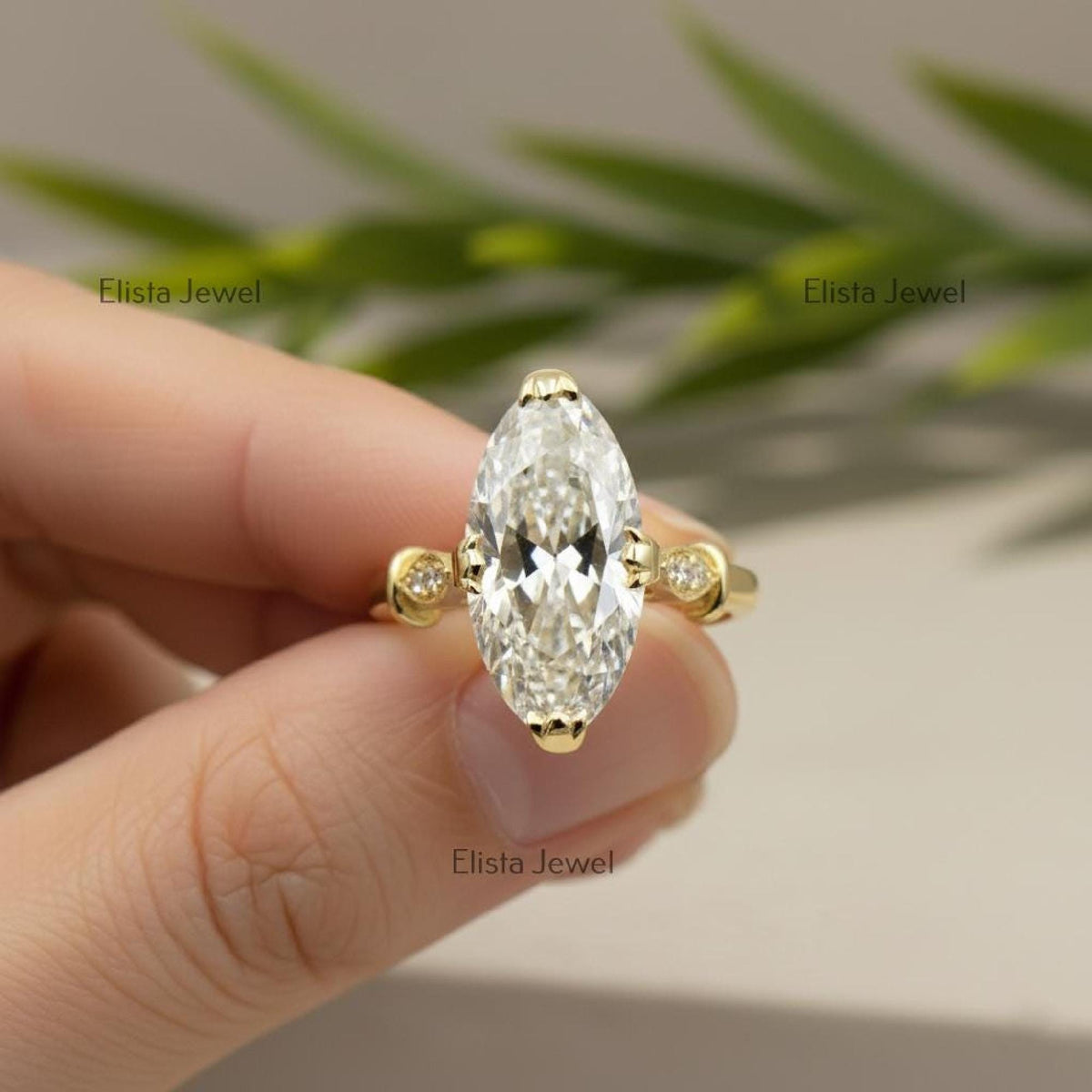 Marquise Ring Lab-Grown Diamond Engagement Ring in 18K Yellow Gold, Pave Halo Band