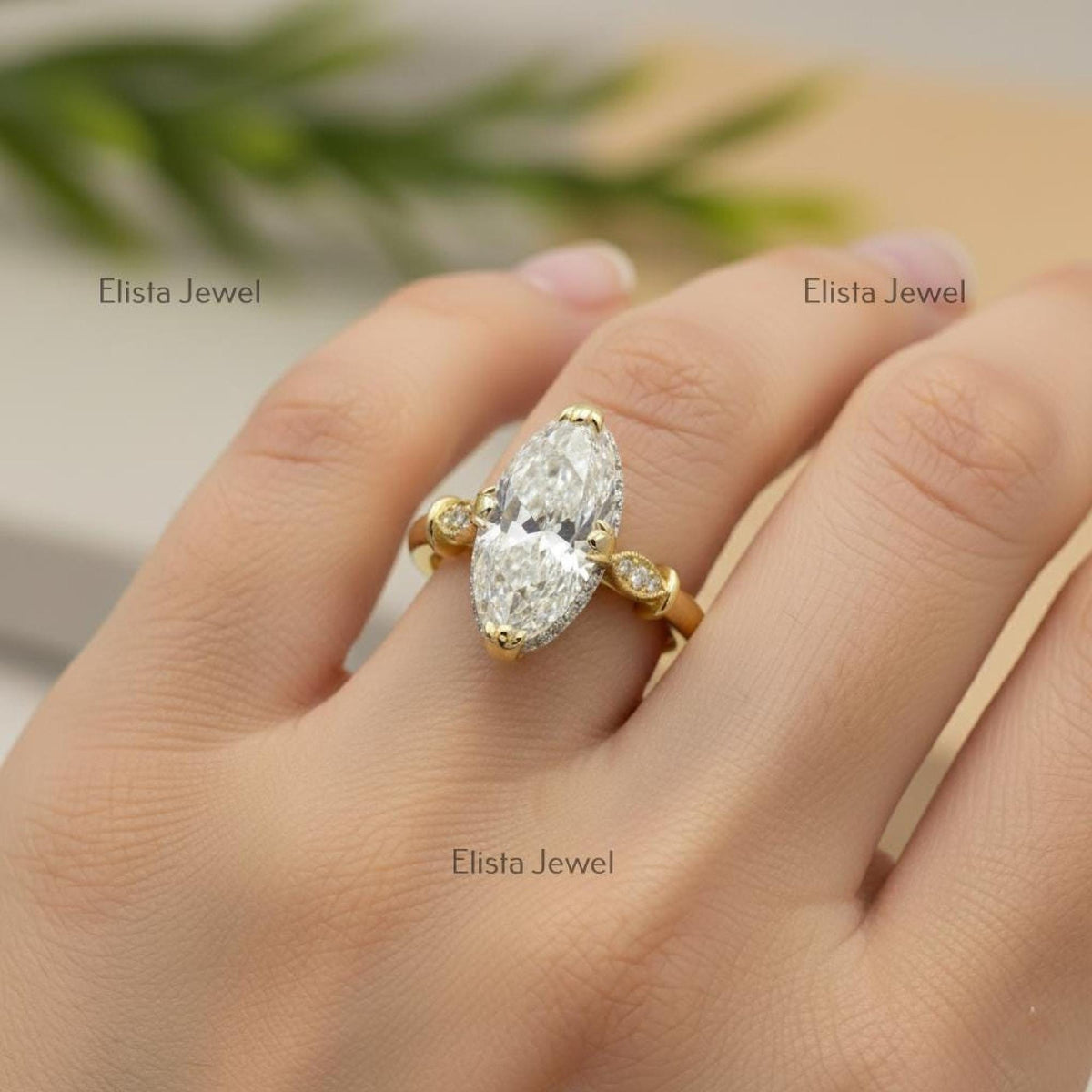 Marquise Ring Lab-Grown Diamond Engagement Ring in 18K Yellow Gold, Pave Halo Band