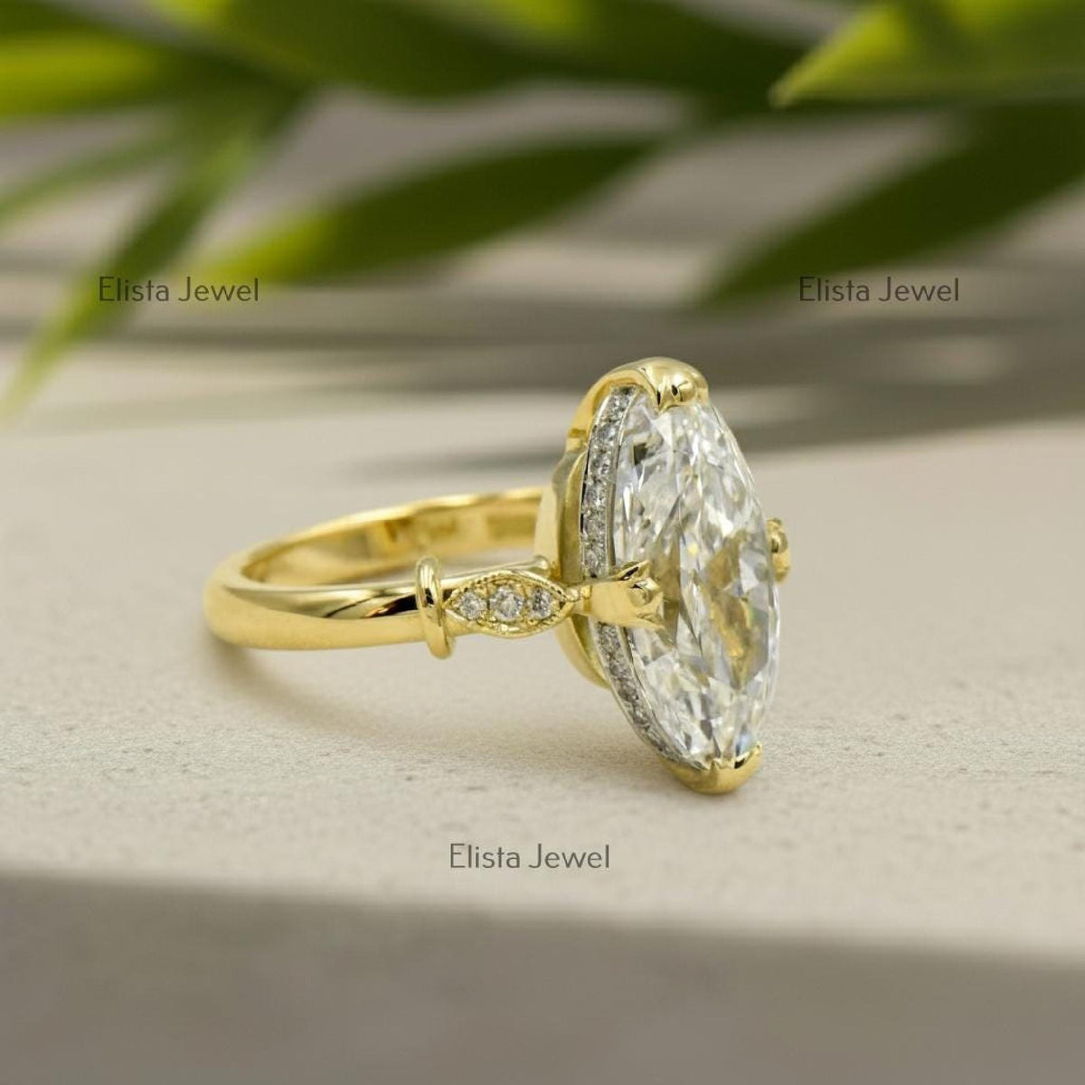 Marquise Ring Lab-Grown Diamond Engagement Ring in 18K Yellow Gold, Pave Halo Band