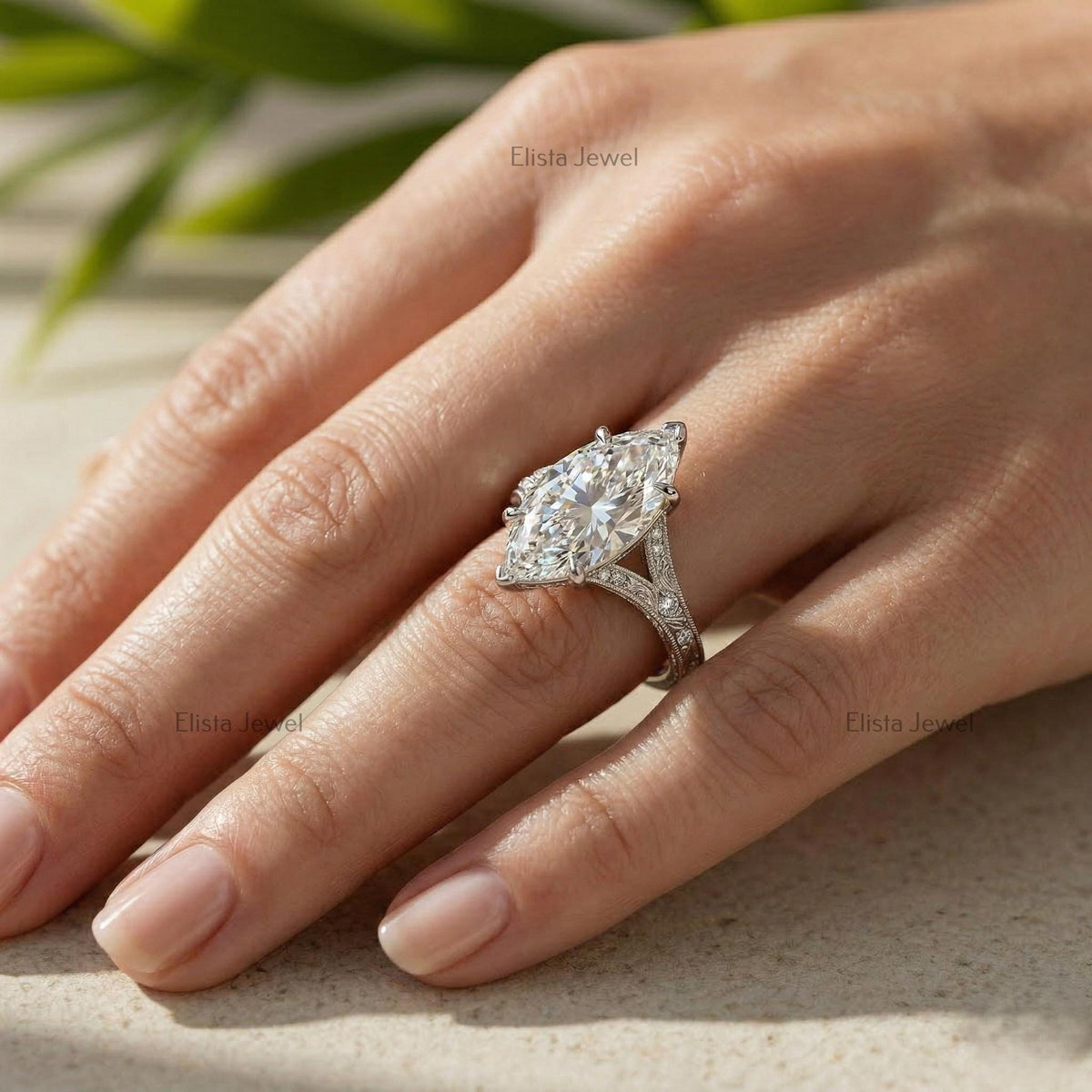 Marquise Lab Grown Diamond Engagement Ring, 14K White Gold Filigree Split Shank (IGI Certified)