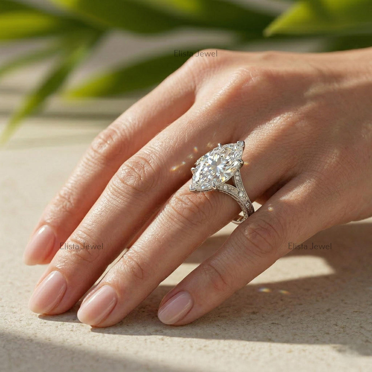 Marquise Lab Grown Diamond Engagement Ring, 14K White Gold Filigree Split Shank (IGI Certified)