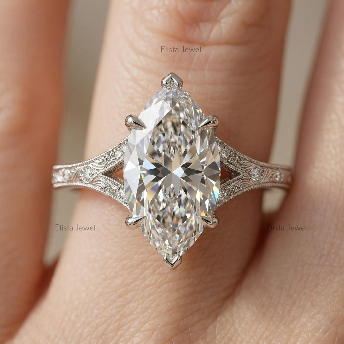 Marquise Lab Grown Diamond Engagement Ring, 14K White Gold Filigree Split Shank (IGI Certified)