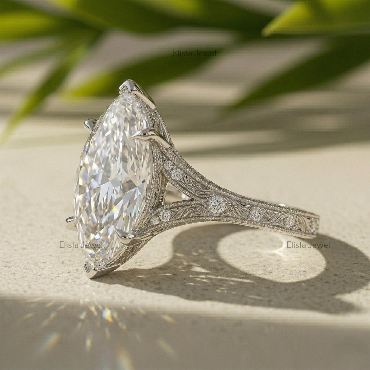 Marquise Lab Grown Diamond Engagement Ring, 14K White Gold Filigree Split Shank (IGI Certified)