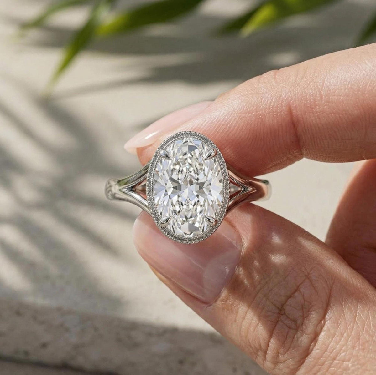 Oval Lab Grown Diamond Engagement Ring, Split Shank Milgrain Bezel, IGI Certified Statement Ring