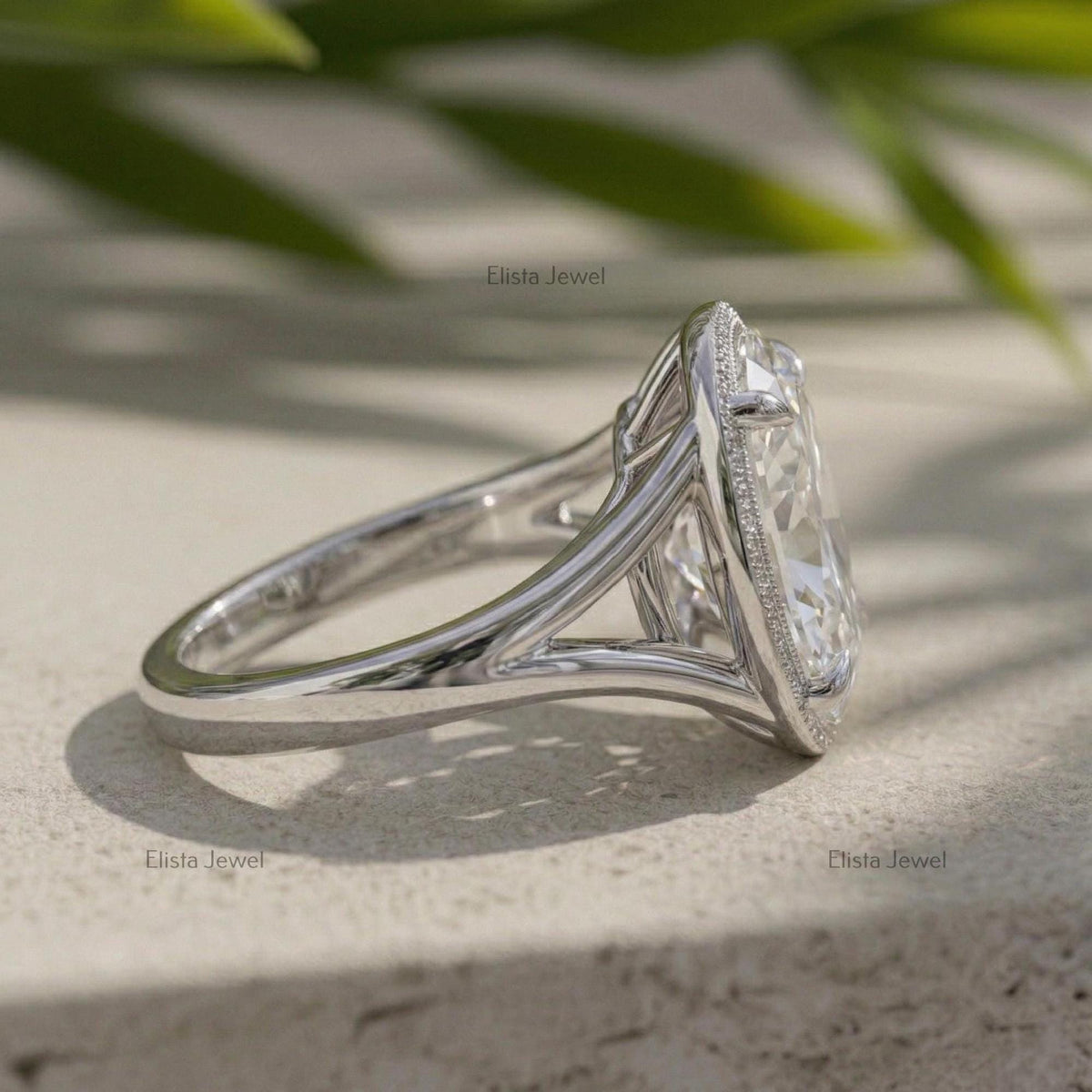 Oval Lab Grown Diamond Engagement Ring, Split Shank Milgrain Bezel, IGI Certified Statement Ring