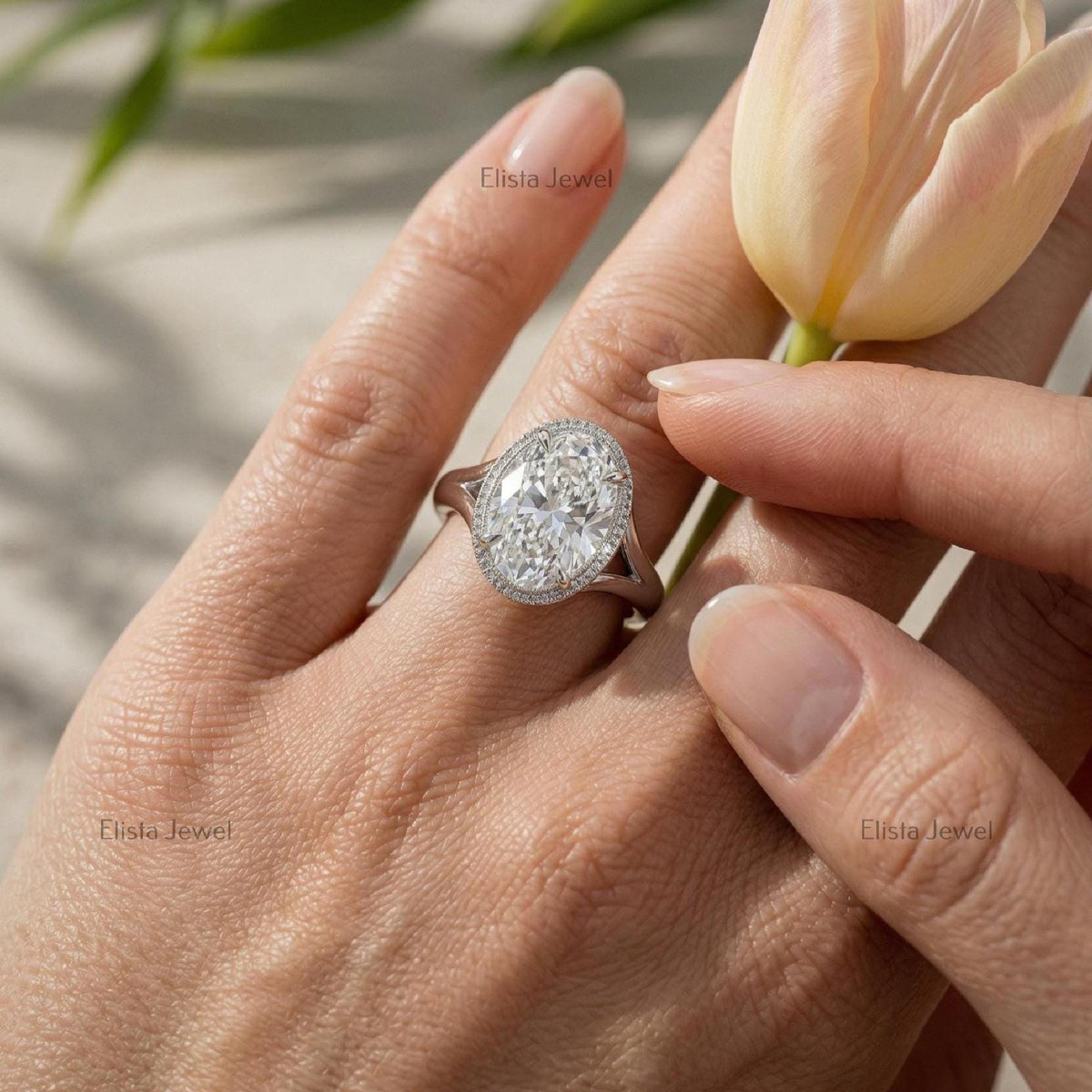 Oval Lab Grown Diamond Engagement Ring, Split Shank Milgrain Bezel, IGI Certified Statement Ring